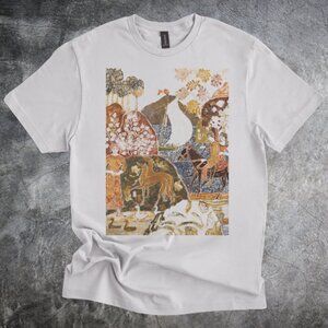 Historic Scene Shirt Illustrated Medieval Landscape With Characters Tshirt gray
